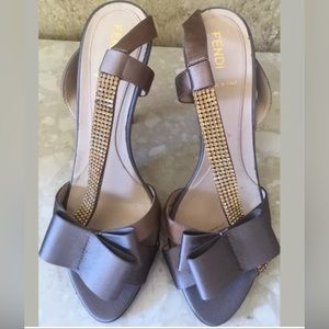 FENDI Satin Peep Toe Heels Jeweled Stones Sandals